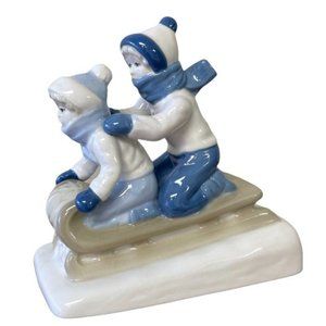 Vintage Sled Ride Children Paul Sebastian 1992 White and Blue Porcelain Figurine
